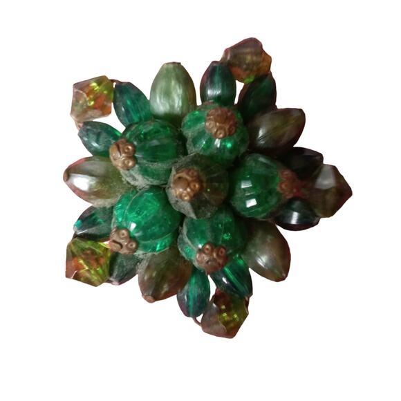 Vintage Green Cluster Brooch Signed Bronze Tone Beaded VTG - Picture 5 of 13